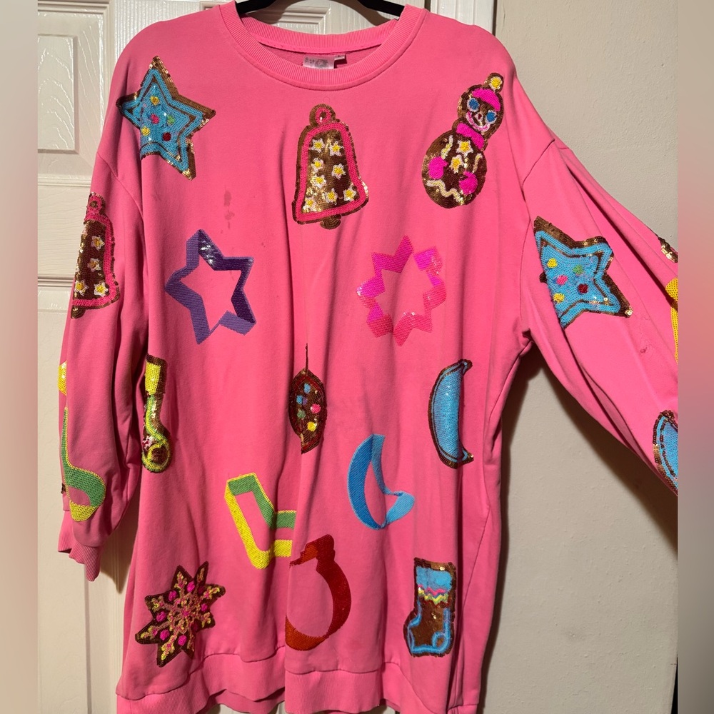 Neon Pink Christmas Cookie Cutter Dress- stain on front